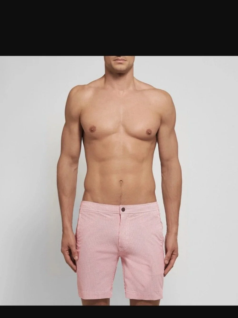 🌁 EUC: ONIA; MENS CALDER, STRIPED STRETCH SEERSUCKER SWIM SHORTS, BRICK/32